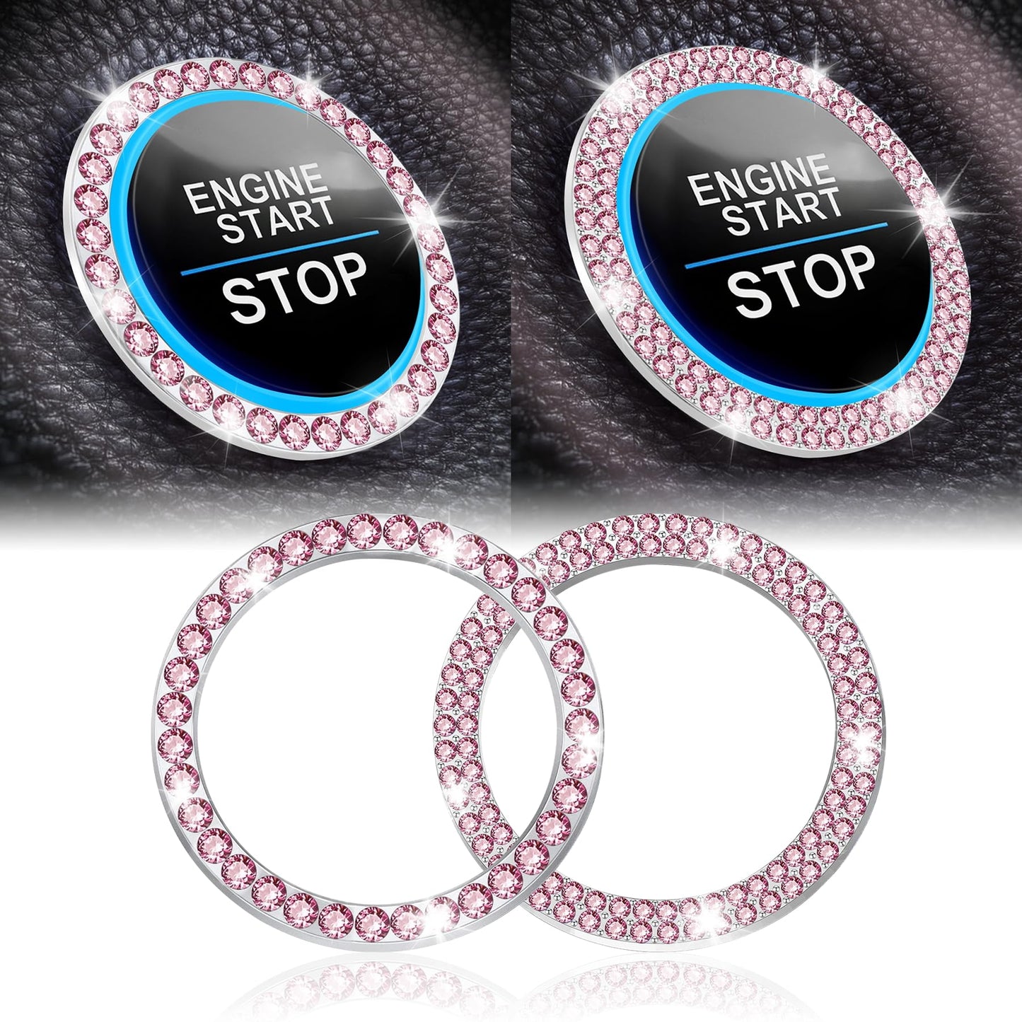 LivTee 2 PCS Crystal Double Rhinestone Car Engine Start Stop Decoration Ring, Bling Car Interior Accessories for Women, Push to Start Button Cover Sticker, Automotive Decals, Light Green