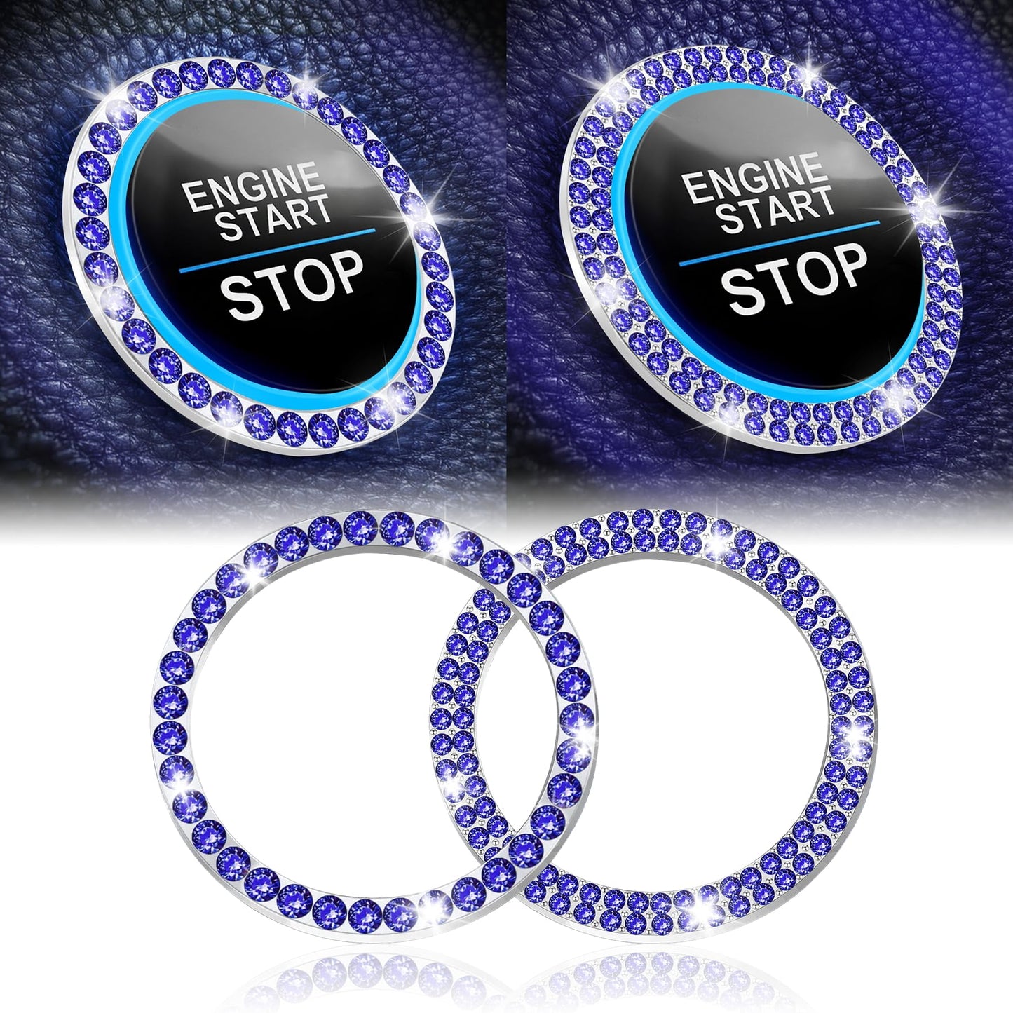 LivTee 2 PCS Crystal Double Rhinestone Car Engine Start Stop Decoration Ring, Bling Car Interior Accessories for Women, Push to Start Button Cover Sticker, Automotive Decals, Light Green