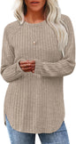 Saloogoe Long Sleeve Shirts for Women 2026 Fall Clothes Tunic Tops Loose Fit Dressy Crewneck Pullover Sweaters Curved Hem