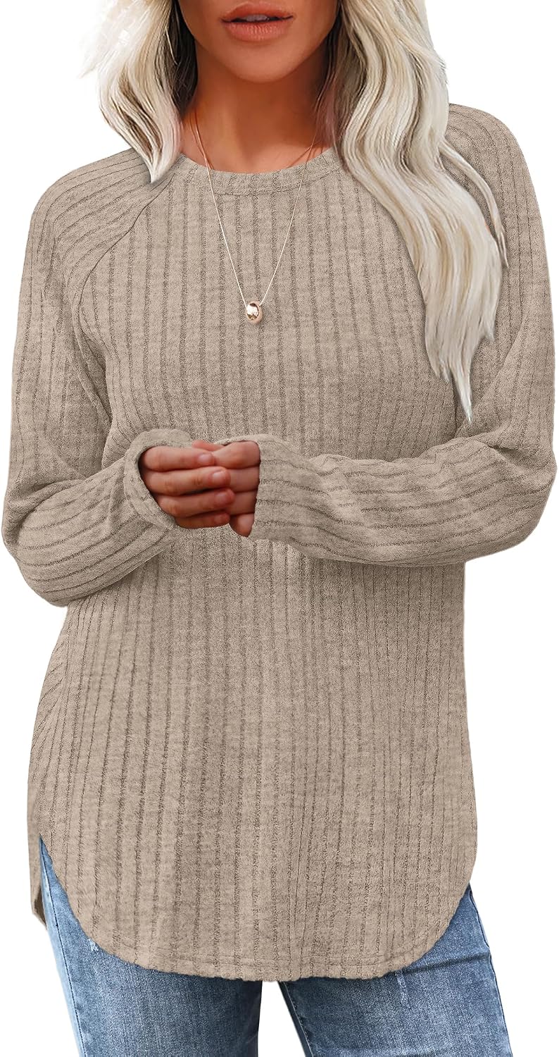 Saloogoe Long Sleeve Shirts for Women 2026 Fall Clothes Tunic Tops Loose Fit Dressy Crewneck Pullover Sweaters Curved Hem