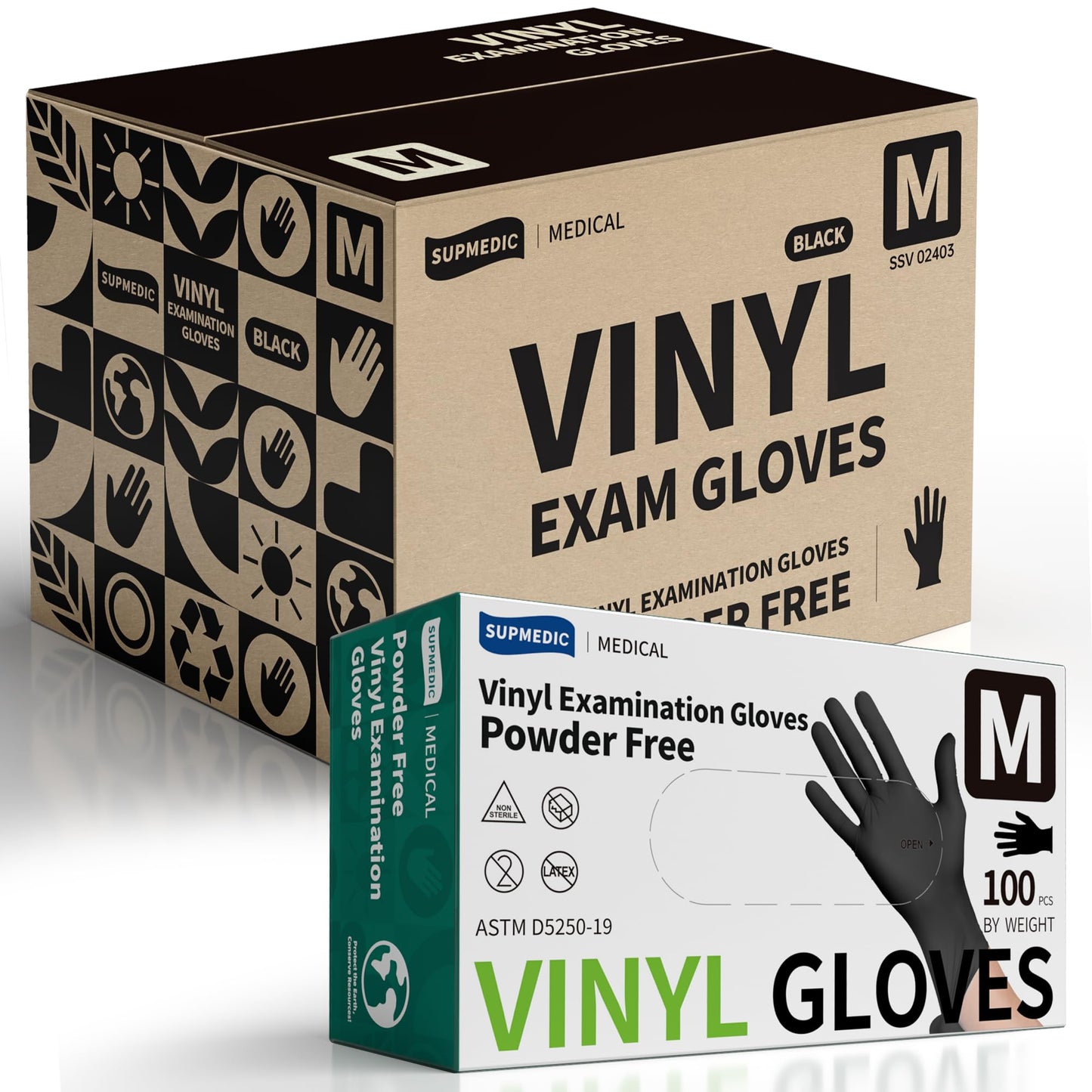 Supmedic Vinyl Disposable Exam Gloves, Black 4Mil Powder-Free Latex-Free Medical Food Safe Cooking Cleaning Glove 100 &1000Ct
