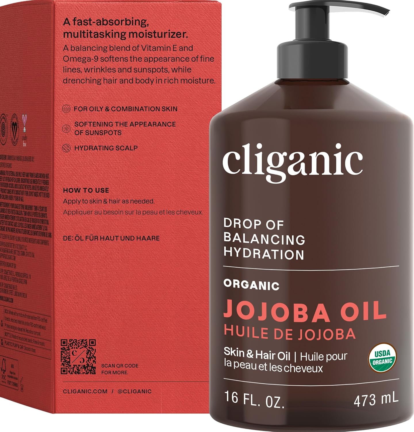 Cliganic Organic Jojoba Oil, 100% Pure Cold Pressed for Face & Hair, 4oz