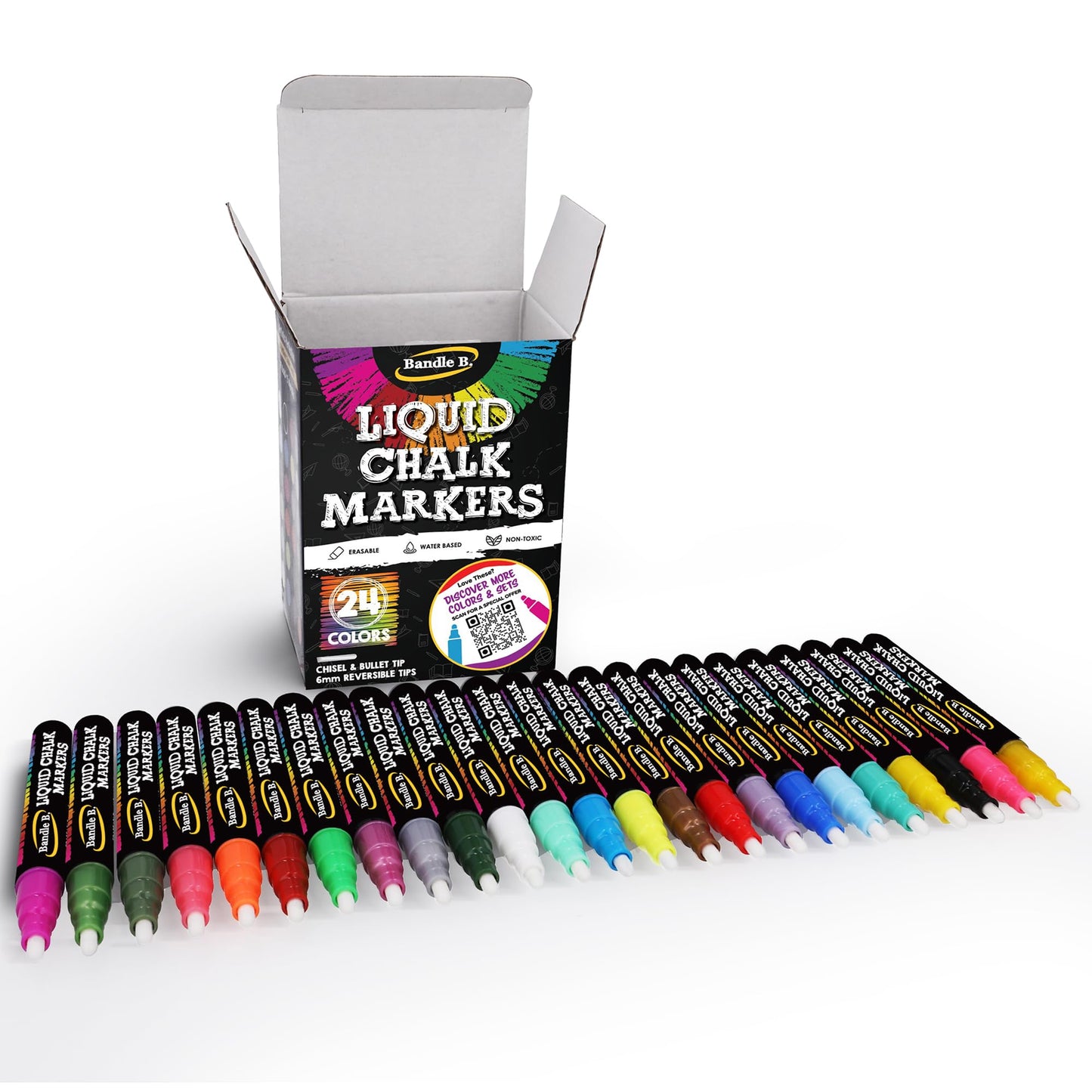 Bandle B. Chalk Markers - 8 Vibrant, Erasable, Non-Toxic, Water-Based, Reversible Tips. For Glass or Chalkboard Markers for Businesses, Restaurants, Liquid Drawing Chalk (Vibrant 6mm)
