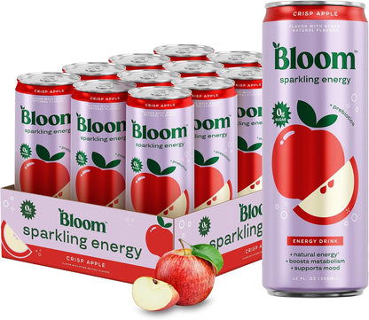Bloom Nutrition Zero Sugar Energy Drink, Apple Crisp, 12oz 12pk