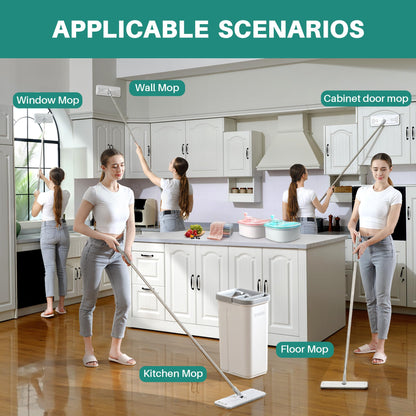 JOYMOOP Wall Mop and Bucket Set, Hands-Free Flat Floor Mop with 3 Washable Microfiber Pads, Wet and Dry Use, Ideal for Home and Commercial Floor Cleaning