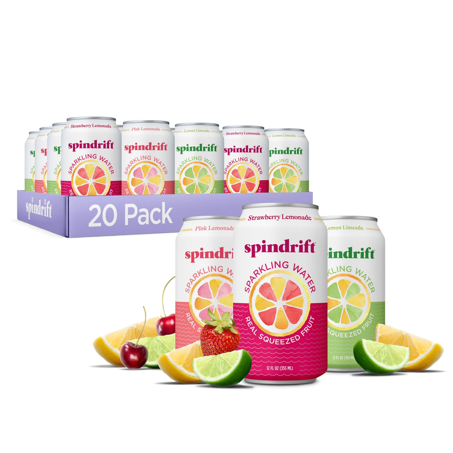 Spindrift Sparkling Water, 4 Flavor Variety Pack, Made with Real Squeezed Fruit, 12 Fl Oz (Pack of 20)
