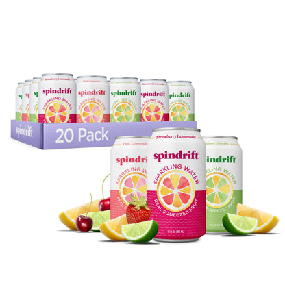 Spindrift Sparkling Water, 4 Flavor Variety Pack, Made with Real Squeezed Fruit, 12 Fl Oz (Pack of 20)