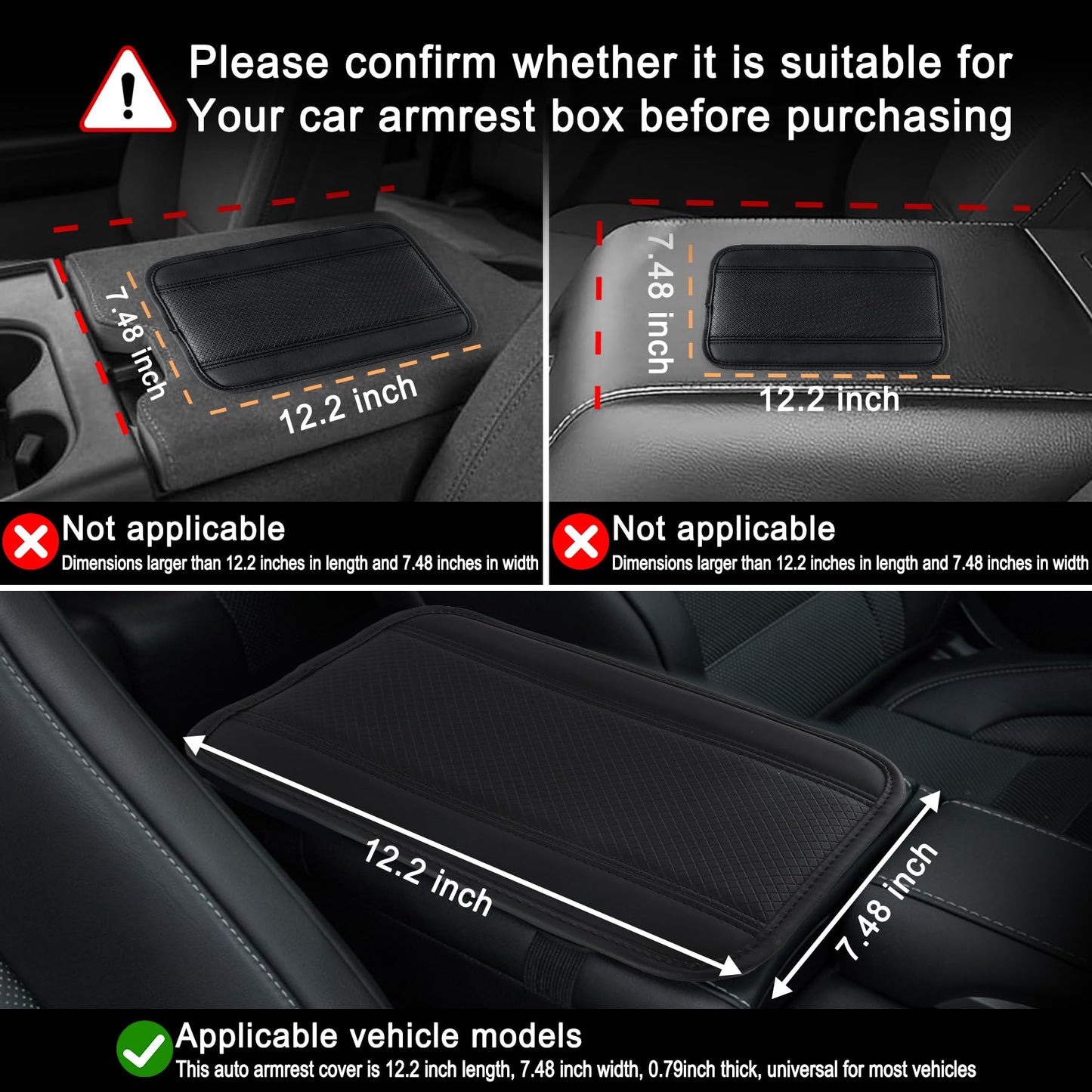Amiss Car Center Console Cover, Upgraded Leather Car Armrest Cushion with 2 Storage Pockets, Universal Waterproof Cushion Pad, Non-Slip Car Interior Accessories, Fits Most Sedans SUVs Trucks (Black)