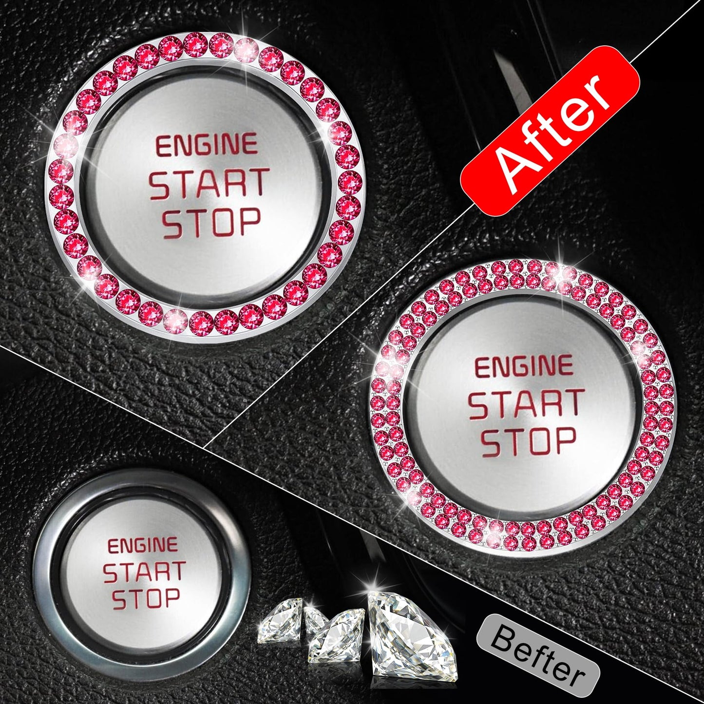 LivTee 2 PCS Crystal Double Rhinestone Car Engine Start Stop Decoration Ring, Bling Car Interior Accessories for Women, Push to Start Button Cover Sticker, Automotive Decals, Light Green