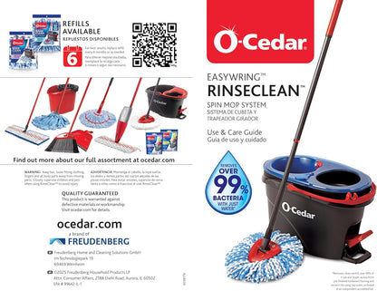 O-Cedar RinseClean Spin Mop & Bucket System + 2 Extra Mop Heads| Clean with Clean Water | Removes 99% of Bacteria
