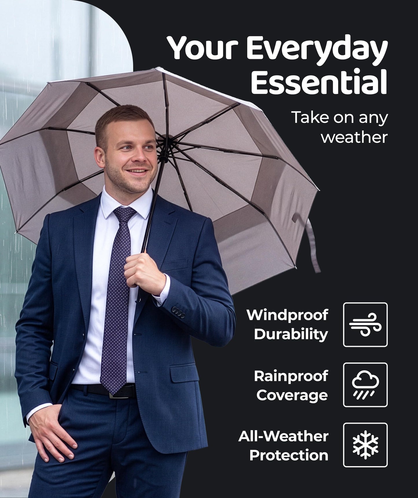 Windproof Travel Umbrella - Compact & Withstands Winds up to 100MPH, Strongest Premium Auto Folding Umbrella for Rain and Sun - Durable, Light & Portable for Women & Men, Fits Backpack & Cars
