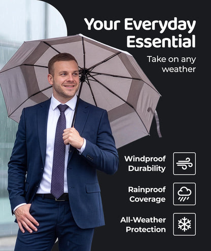 Windproof Travel Umbrella - Compact & Withstands Winds up to 100MPH, Strongest Premium Auto Folding Umbrella for Rain and Sun - Durable, Light & Portable for Women & Men, Fits Backpack & Cars
