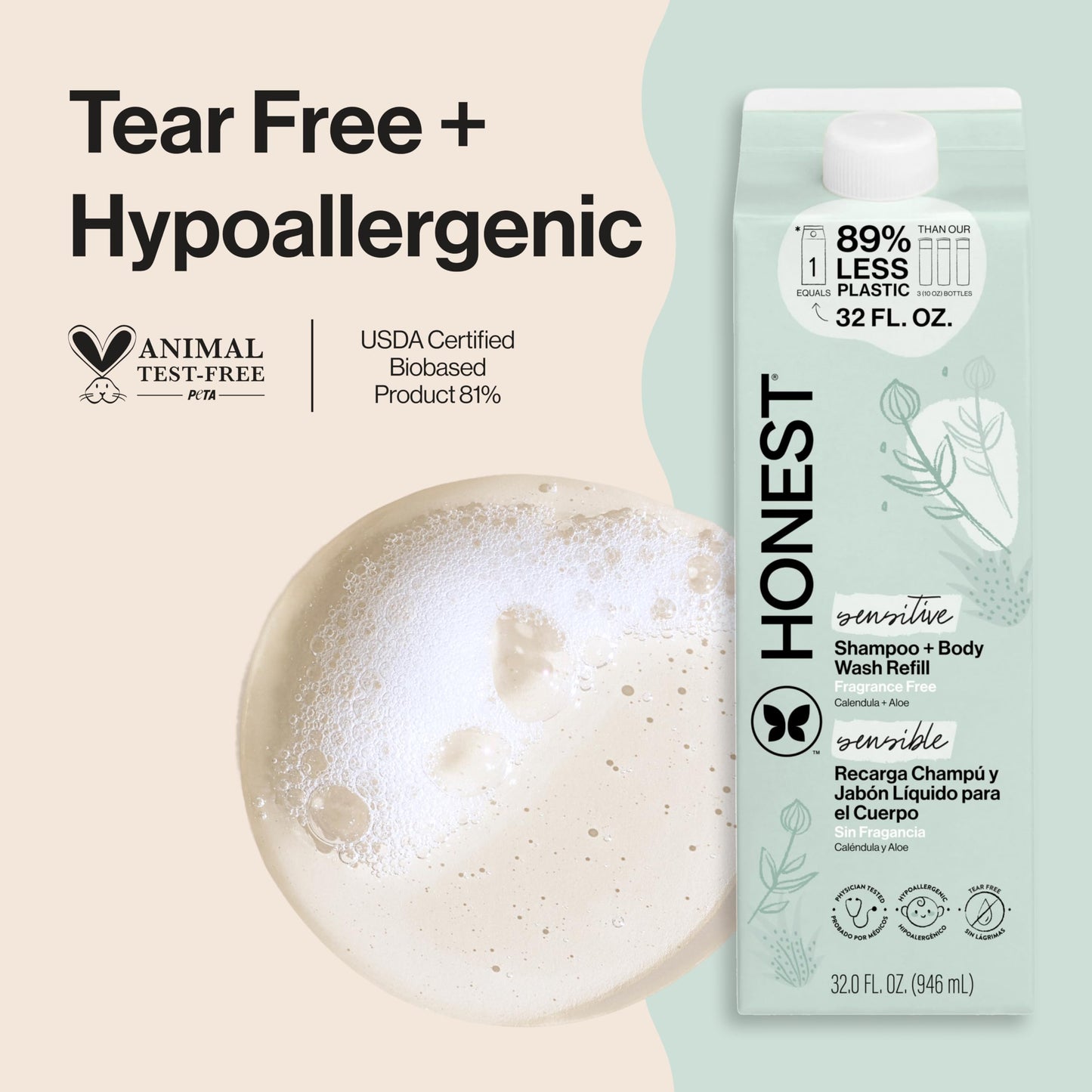 The Honest Company Shampoo & Body Wash, Tear-Free, Fragrance-Free, 10 fl oz
