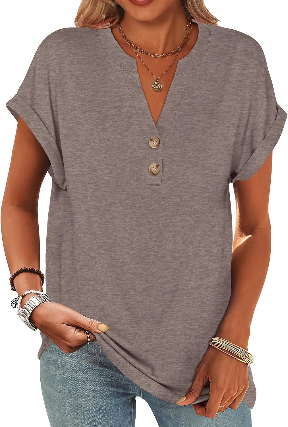 ANRABESS Womens Short Sleeve Henley Tops Summer Shirts Dressy Casual Blouse
