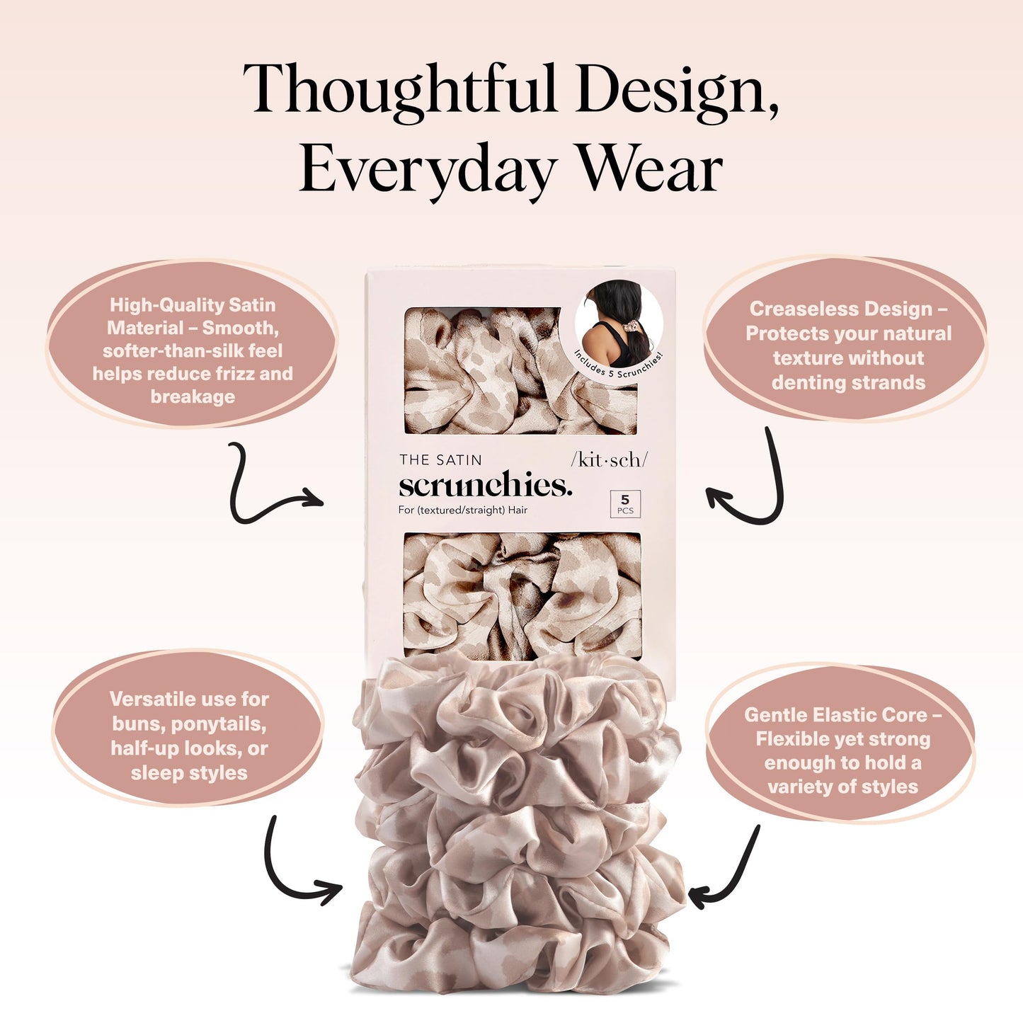 Kitsch Ultra-Petite Satin Scrunchies for Women - Eucalyptus, 6pcs