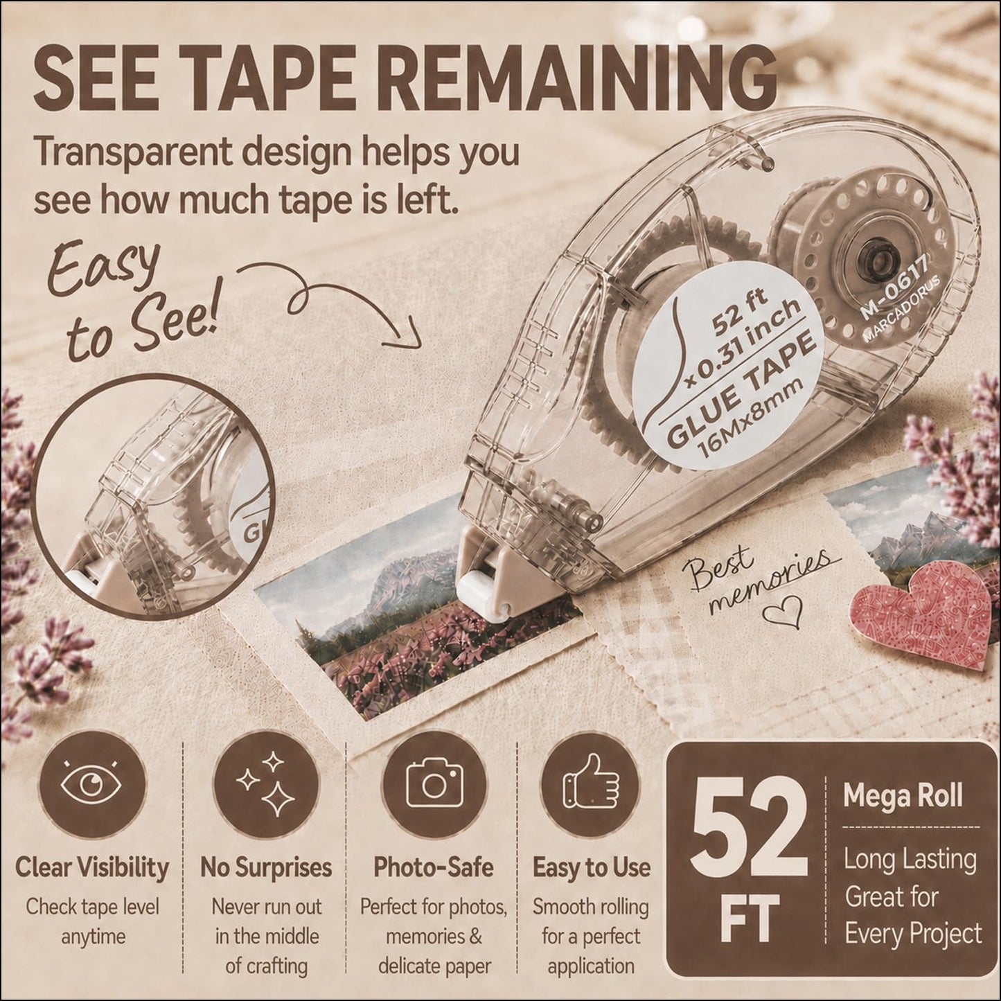 MARCADORUS Glue Tape for Scrapbooking, Double Sided Tape Roller 106Ft Total