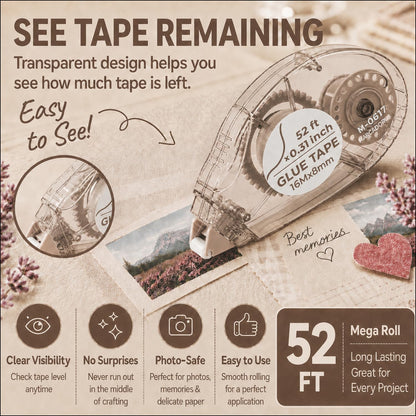 MARCADORUS Glue Tape for Scrapbooking, Double Sided Tape Roller 106Ft Total