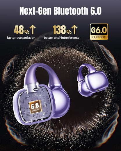 King Lucky Clip-On Earbuds Gen 3, Open-Ear Wireless Bluetooth 6.0 Headphones with Mic, Secure Fit for Small Ears & Glasses Wearers, 50H Playtime, ENC, IPX5 Waterproof Sport Ear Buds (Purple)