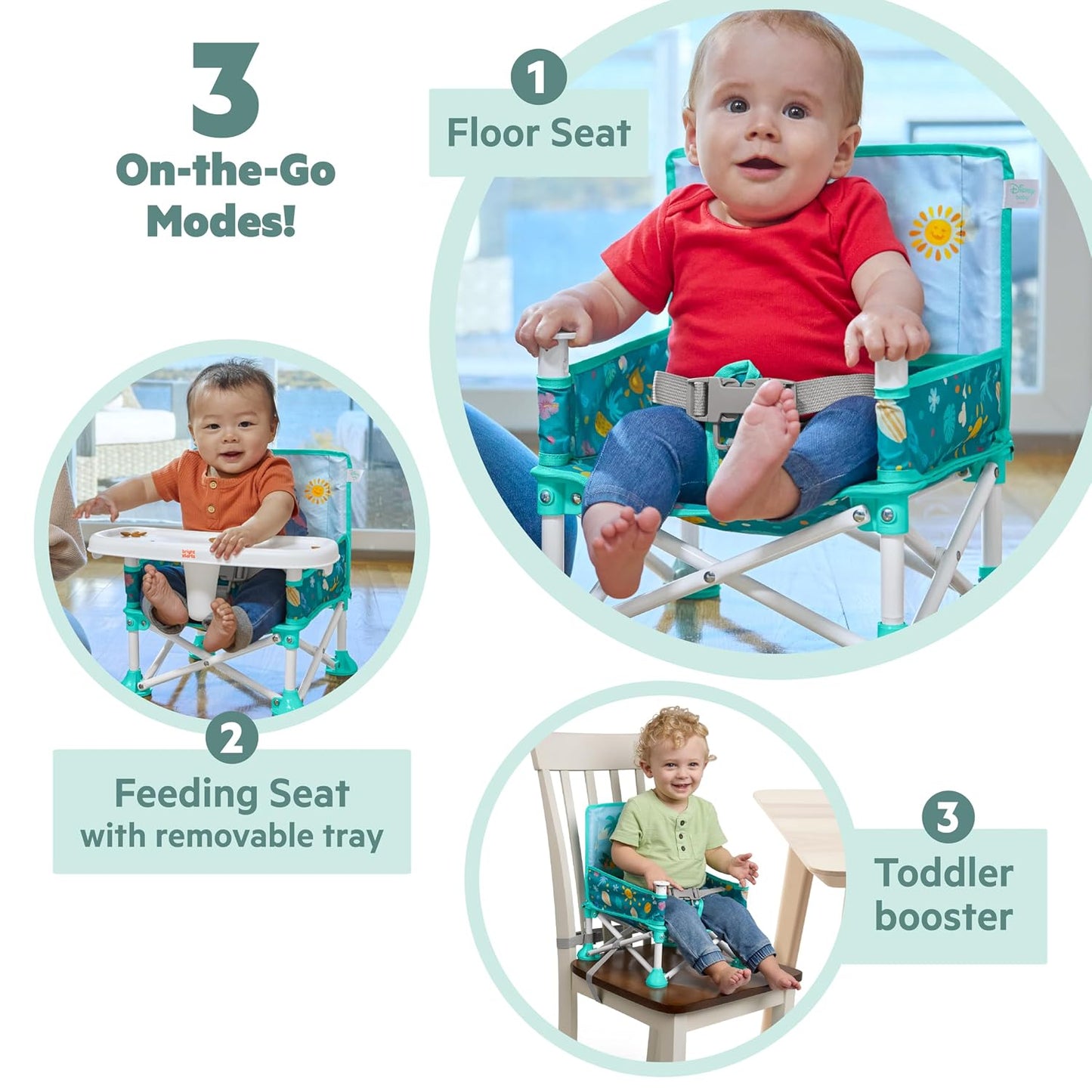 Bright Starts Pop 'N Sit Portable Booster, Indoor/Outdoor Use, Floor Seat with Feeding Tray, Teal, 6 Mos - 3 Yrs