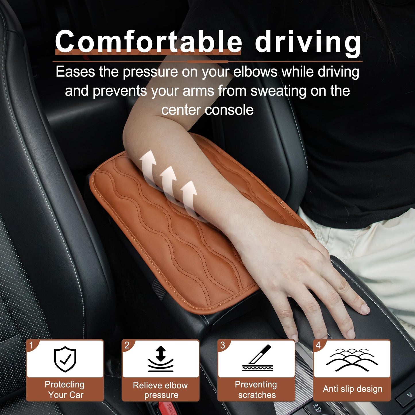 Amiss Car Center Console Cover, Upgraded Leather Car Armrest Cushion with 2 Storage Pockets, Universal Waterproof Cushion Pad, Non-Slip Car Interior Accessories, Fits Most Sedans SUVs Trucks (Black)