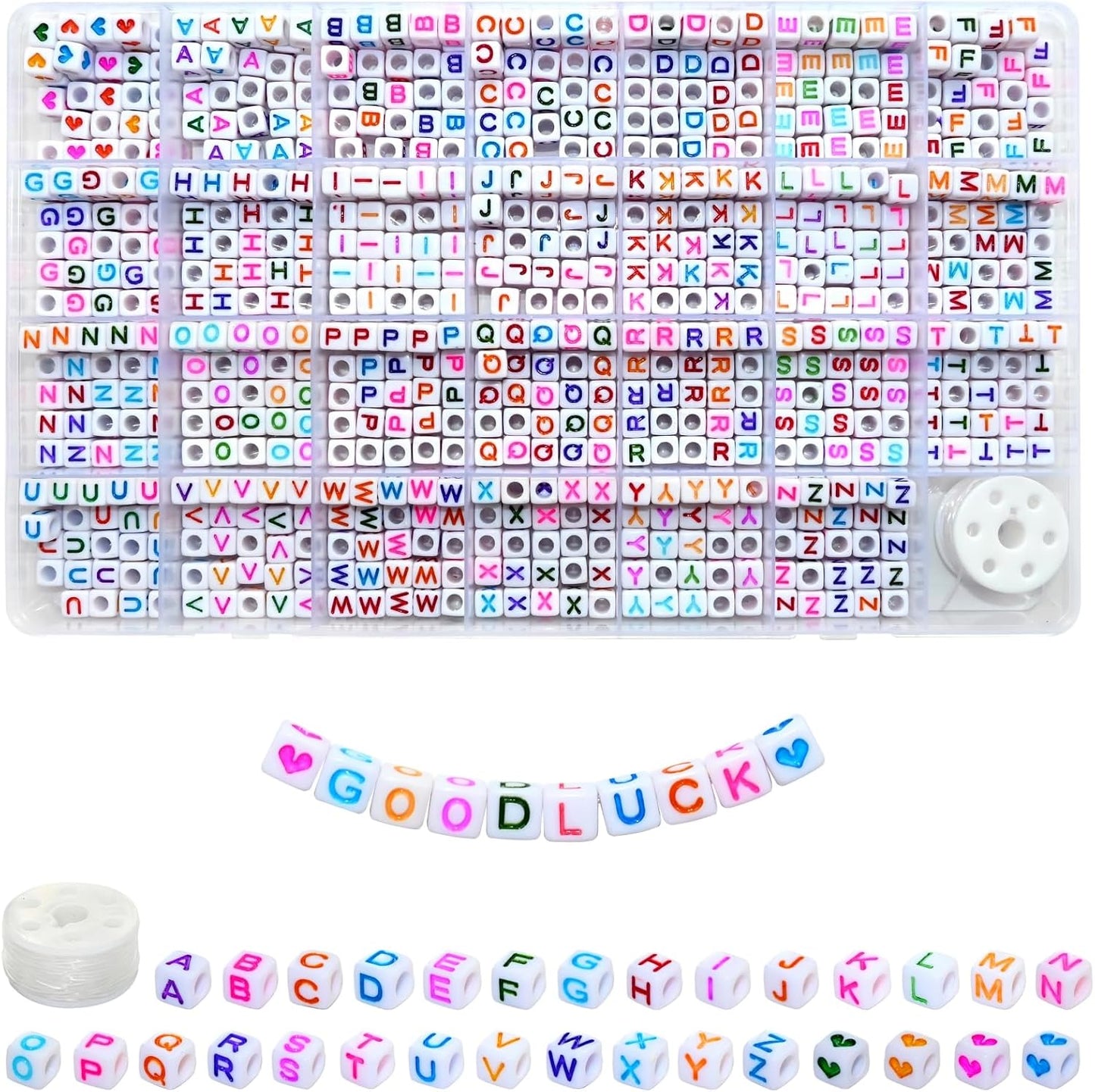 Looconi 810pcs Gold Letter Beads Square 6x6mm White Cube Acrylic Alphabet A-Z with Heart Pattern and Crystal Line for Jewelry Making