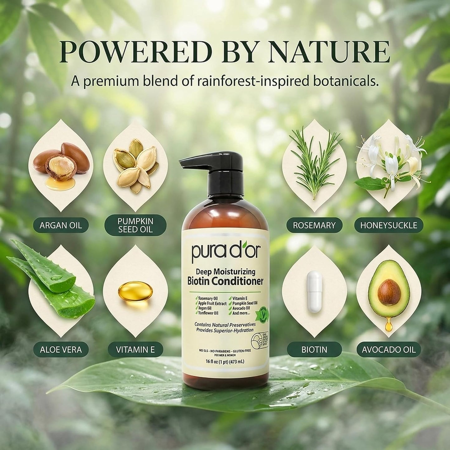 PURA D'OR Deep Moisturizing Biotin Hair Regrwoth Conditioner Thickens, Softens, & Moisturizes Dry, Frizzy, Damaged Hair w/Argan Oil, Pumpkin, Rosemary, Honeysuckle, Vitamin E, Men & Women, 16oz