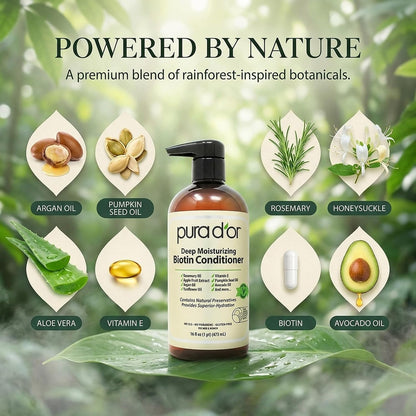 PURA D'OR Deep Moisturizing Biotin Hair Regrwoth Conditioner Thickens, Softens, & Moisturizes Dry, Frizzy, Damaged Hair w/Argan Oil, Pumpkin, Rosemary, Honeysuckle, Vitamin E, Men & Women, 16oz