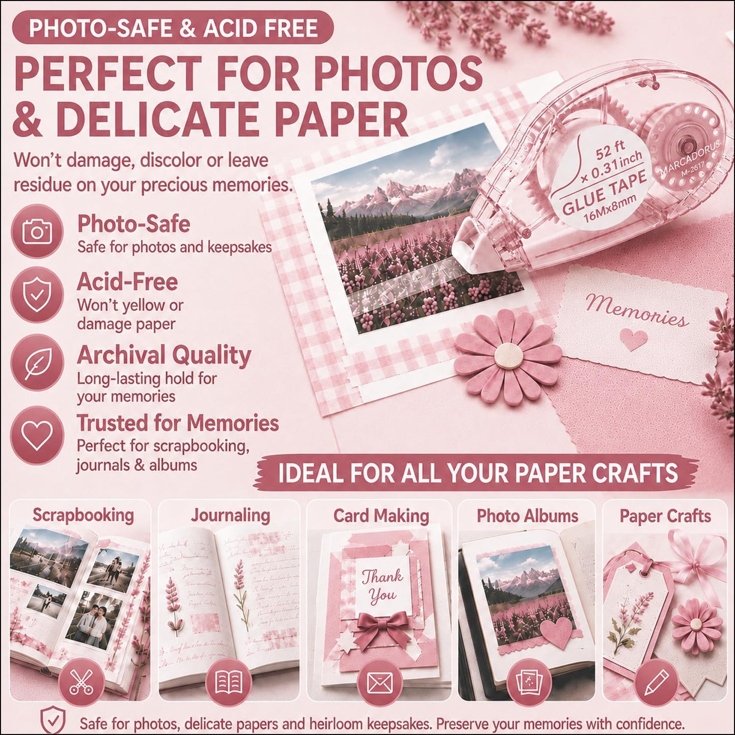 MARCADORUS Glue Tape for Scrapbooking, Double Sided Tape Roller 106Ft Total