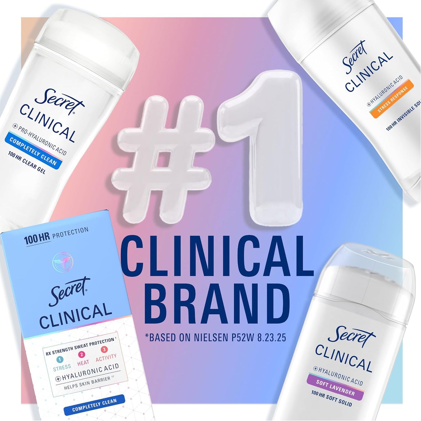 Secret Clinical Strength 100HR Sweat & Odor, Clear Gel Antiperspirant Deodorant for Women, 3X Stress Protection with Hyaluronic Acid, PH Balancing Minerals, Clear Lavender Scent, 2.6 oz