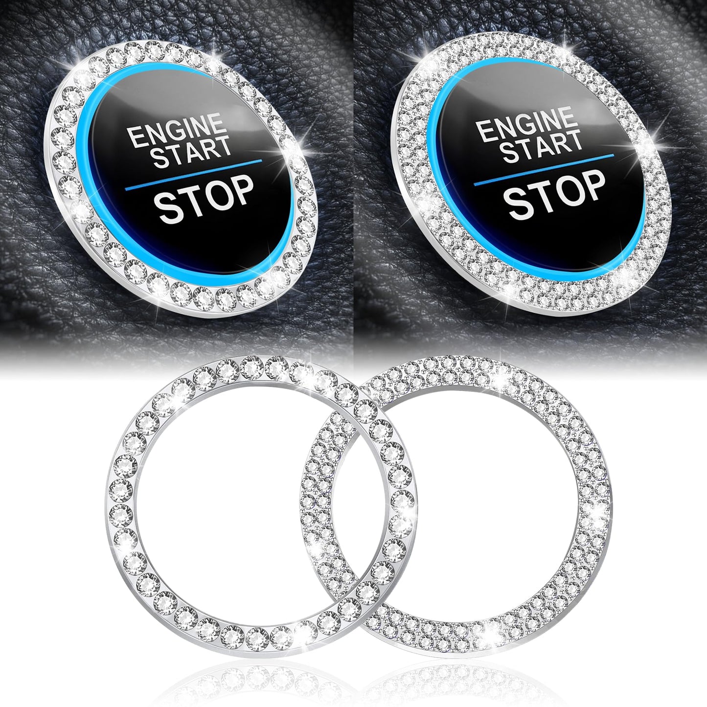 LivTee 2 PCS Crystal Double Rhinestone Car Engine Start Stop Decoration Ring, Bling Car Interior Accessories for Women, Push to Start Button Cover Sticker, Automotive Decals, Light Green