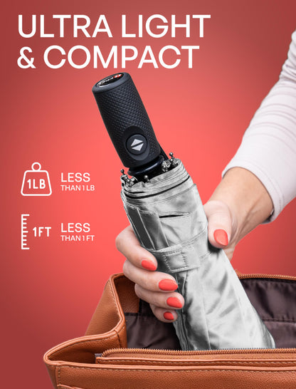 Windproof Travel Umbrella - Compact & Withstands Winds up to 100MPH, Strongest Premium Auto Folding Umbrella for Rain and Sun - Durable, Light & Portable for Women & Men, Fits Backpack & Cars