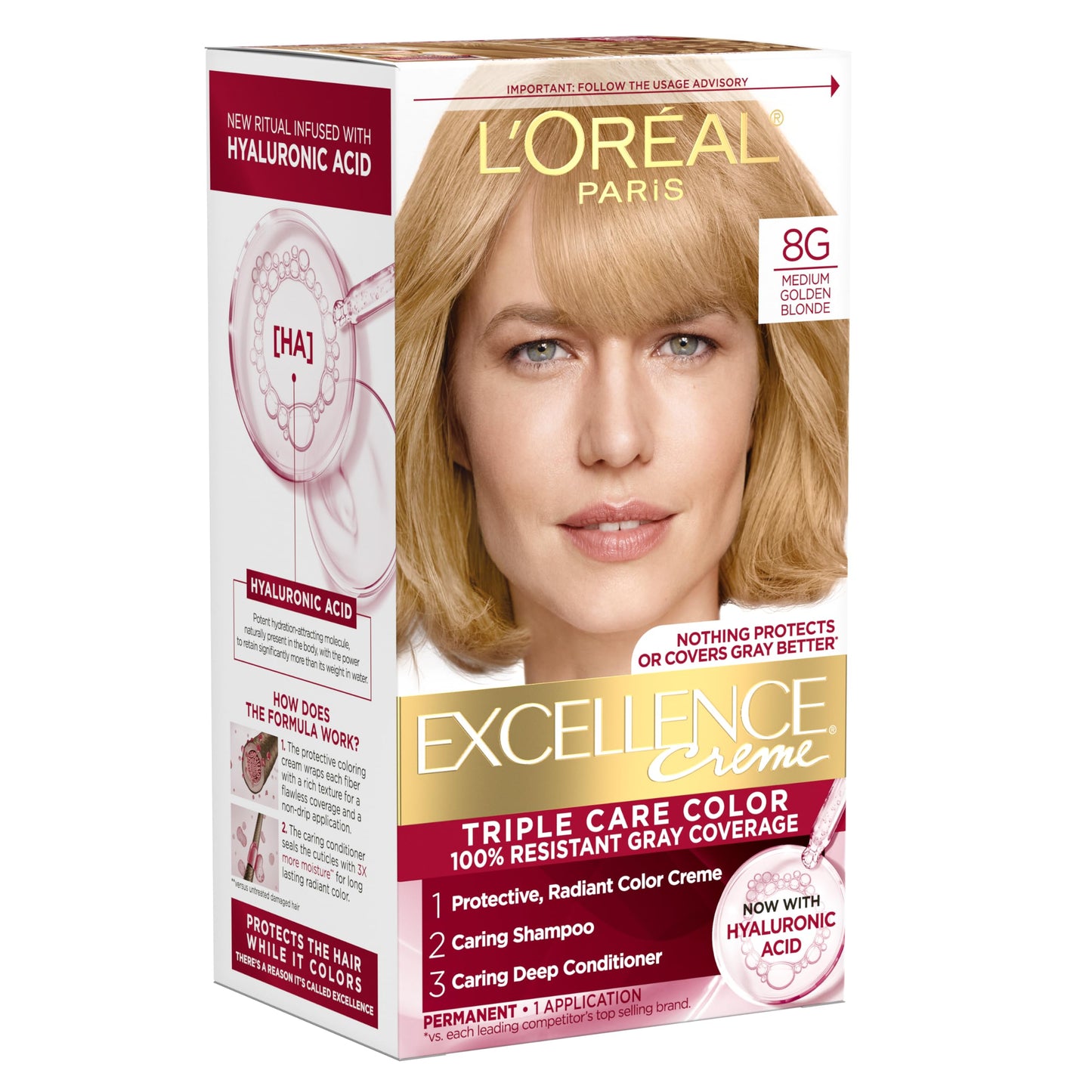 L'Oreal Paris Excellence Crème Permanent Hair Dye, Triple Care Hair Color with Hyaluronic Acid for 100% Gray Coverage, 4 Dark Brown, 1 Kit (Packaging May Vary)