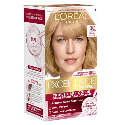 L'Oreal Paris Excellence Crème Permanent Hair Dye, Triple Care Hair Color with Hyaluronic Acid for 100% Gray Coverage, 4 Dark Brown, 1 Kit (Packaging May Vary)