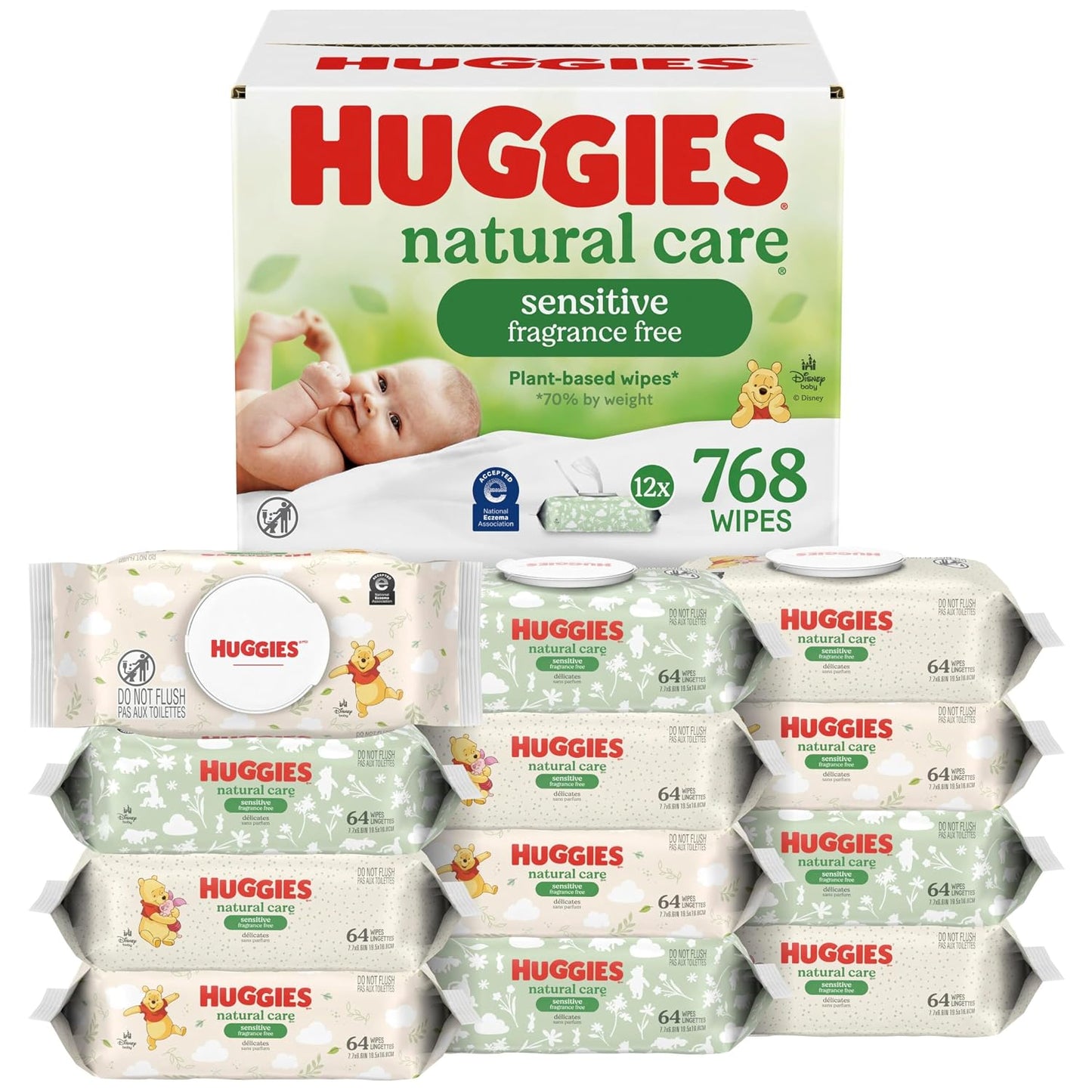 Huggies Natural Care Sensitive Baby Wipes, Unscented, Hypoallergenic, 99% Purified Water, 12 Flip-Top Packs (768 Wipes Total), Packaging May Vary
