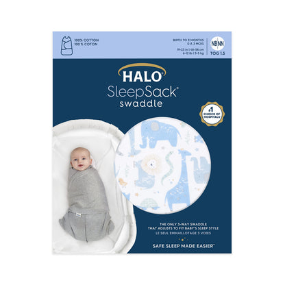 HALO 100% Cotton Sleepsack Swaddle, 3-Way Adjustable Wearable Blanket, TOG 1.5, Baby Blue, Newborn, 0-3 Months