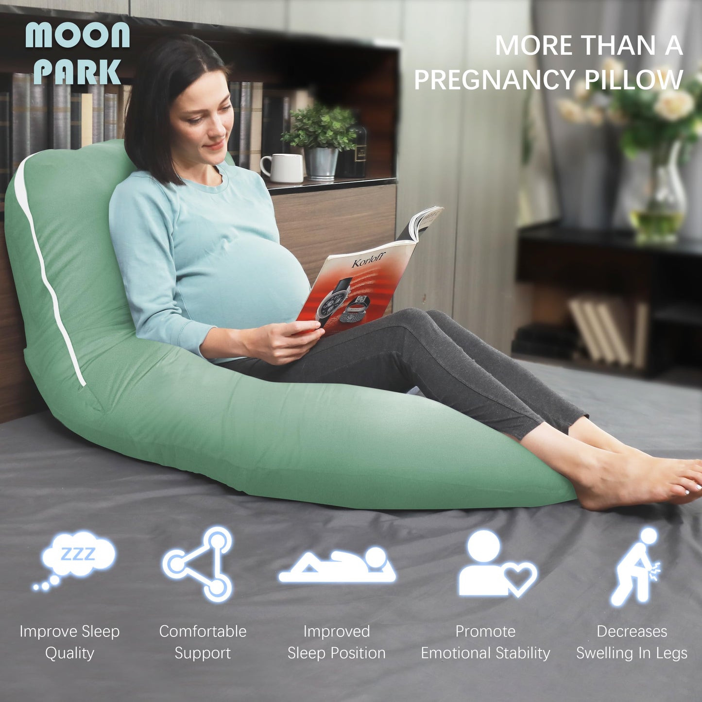 MOON PARK Pregnancy Pillows for Sleeping - U Shaped Full Body Maternity Pillow with Removable Cover - Support for Back, Legs, Belly, HIPS - 65 Inch - Aquamarine