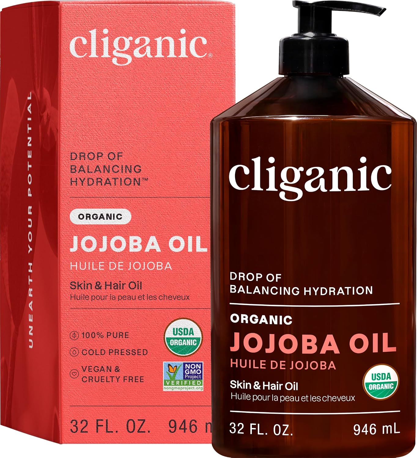 Cliganic Organic Jojoba Oil, 100% Pure Cold Pressed for Face & Hair, 4oz