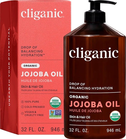Cliganic Organic Jojoba Oil, 100% Pure Cold Pressed for Face & Hair, 4oz