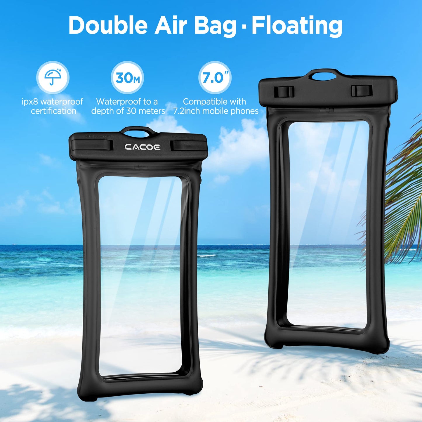CACOE Floatable Waterproof Phone Pouch 2 Pack Up to 7.0",White+Blue