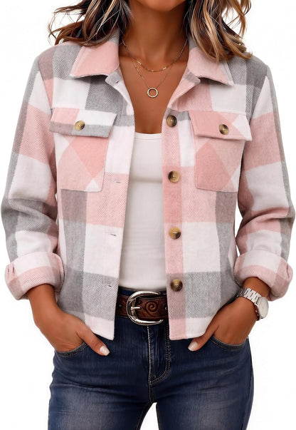 Zeagoo Flannels for Women Cropped Shacket Jacket Fashion Plaid Fall Coat