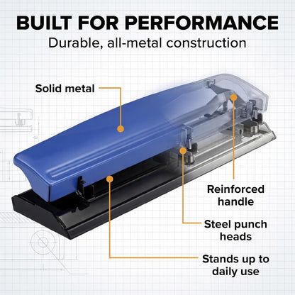 Bostitch Office Premium 3 Hole Punch, 12 Sheet Capacity, Metal, Rubber Base, Easy-Clean Tray, Silver