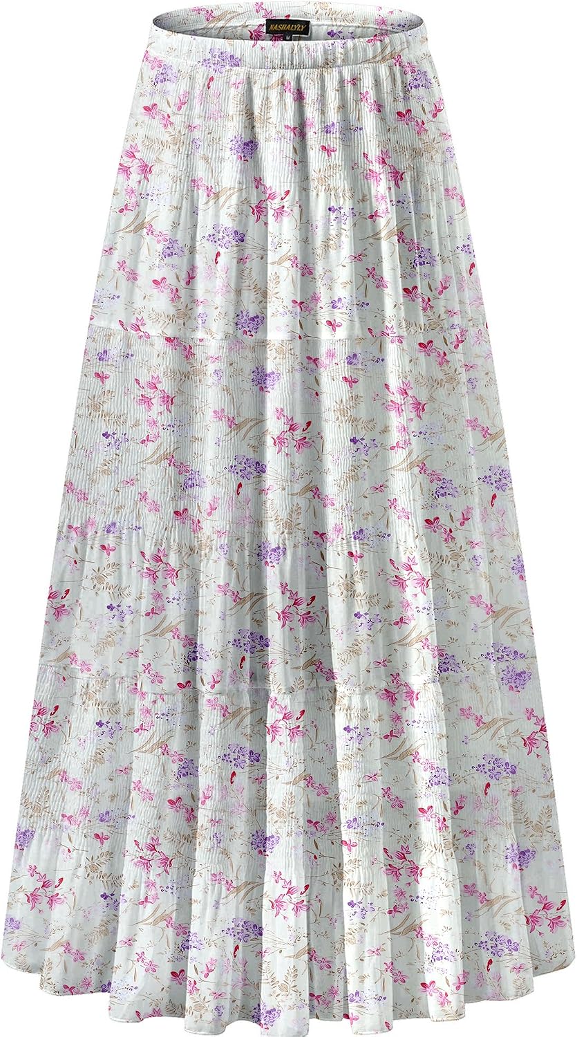 NASHALYLY Women's Chiffon Elastic High Waist Pleated A-Line Maxi Skirts