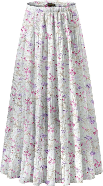 NASHALYLY Women's Chiffon Elastic High Waist Pleated A-Line Maxi Skirts