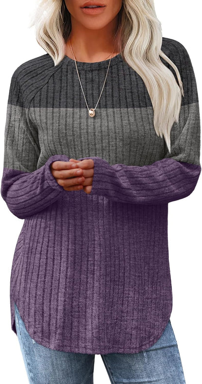 Saloogoe Long Sleeve Shirts for Women 2026 Fall Clothes Tunic Tops Loose Fit Dressy Crewneck Pullover Sweaters Curved Hem
