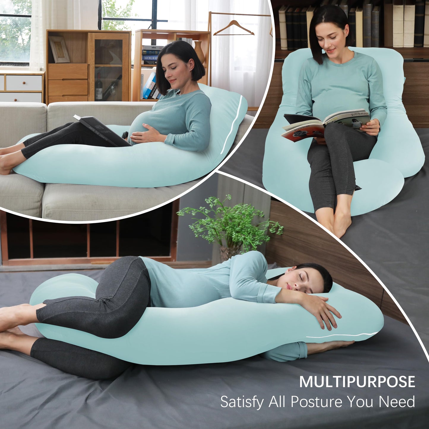 MOON PARK Pregnancy Pillows for Sleeping - U Shaped Full Body Maternity Pillow with Removable Cover - Support for Back, Legs, Belly, HIPS - 65 Inch - Aquamarine