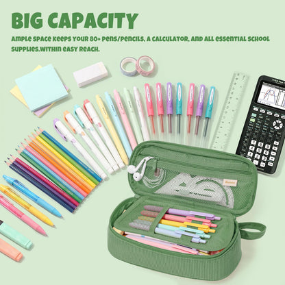 SUNEE Cute Pencil Case, Soft Corduroy Large Capacity Pencil Pouch, Aesthetic Zipper Pencil Bag, Big Storage Pen Organizer for Stationery, Pencil Box Back to School Supplies for Teen Girls Boys, Beige