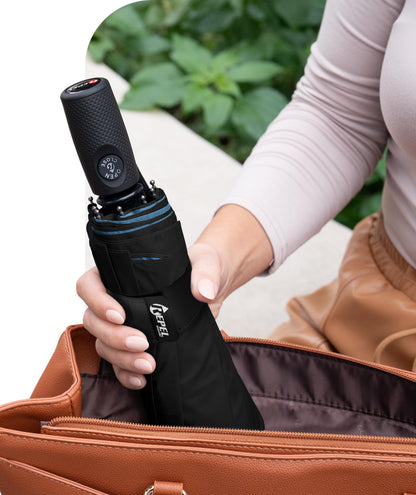 Windproof Travel Umbrella - Compact & Withstands Winds up to 100MPH, Strongest Premium Auto Folding Umbrella for Rain and Sun - Durable, Light & Portable for Women & Men, Fits Backpack & Cars