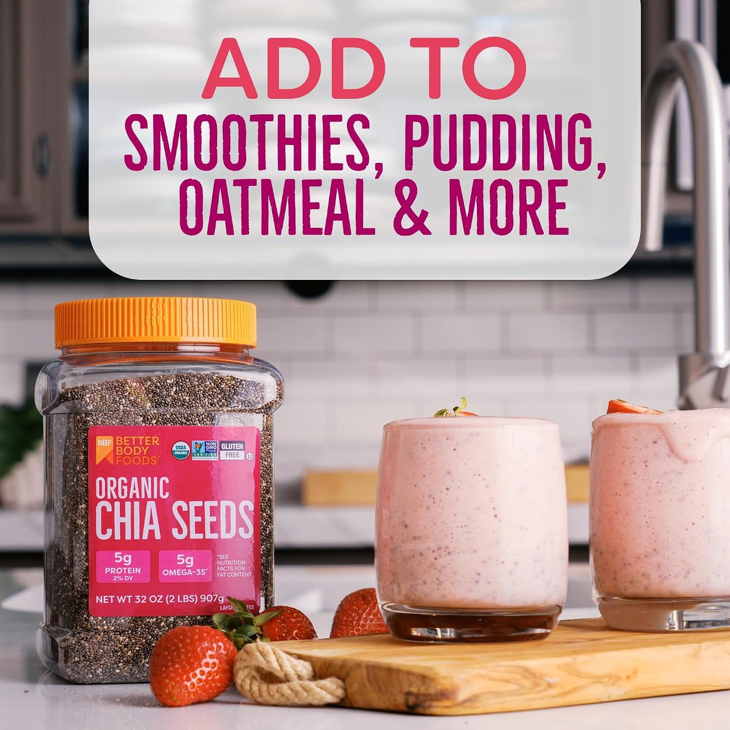BBF Organic Chia Seeds 32 Oz, Omega-3 & Fiber, Pudding, Smoothies, Oatmeal
