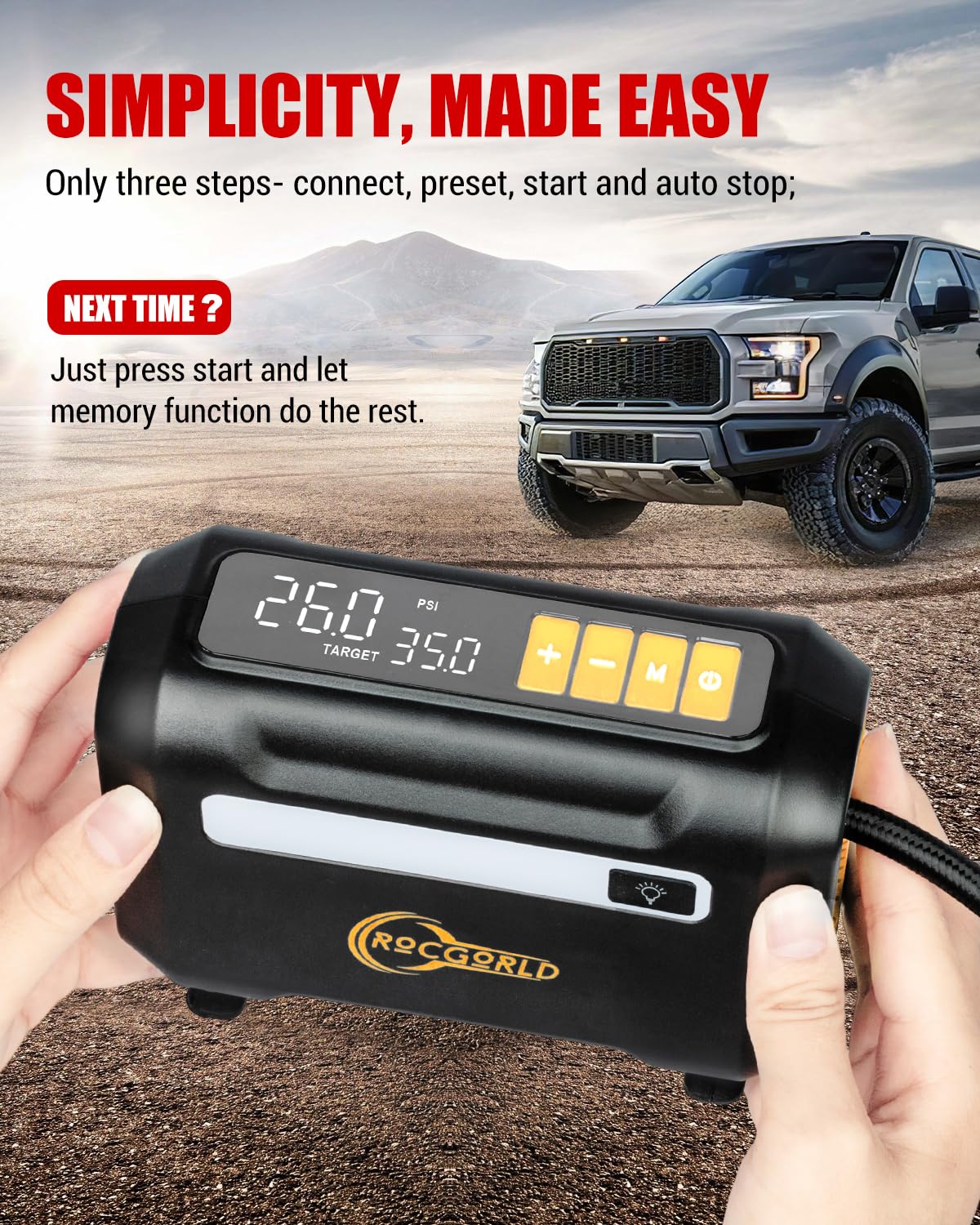 ROCGORLD R8 Tire Inflator Portable Air Compressor, DC 12V Air Compressor Portable with Large Dual Digital Screen, 3X Faster Inflation Air Pump for Car, Bike, Ball, Motor