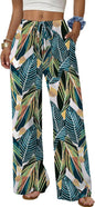 Sampeel Wide Leg Pants for Women Flowy Palazzo Drawstring Elastic Waist Trousers with Pockets Summer Beach Vacation Clothes